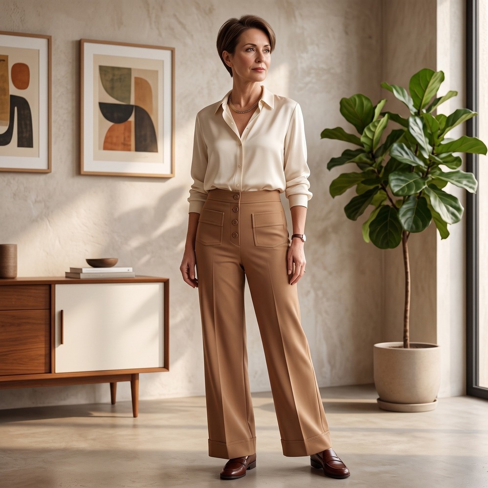 Halara Pants Women's M Petite Tan Wide Leg Button Front Stretch Trousers Pockets